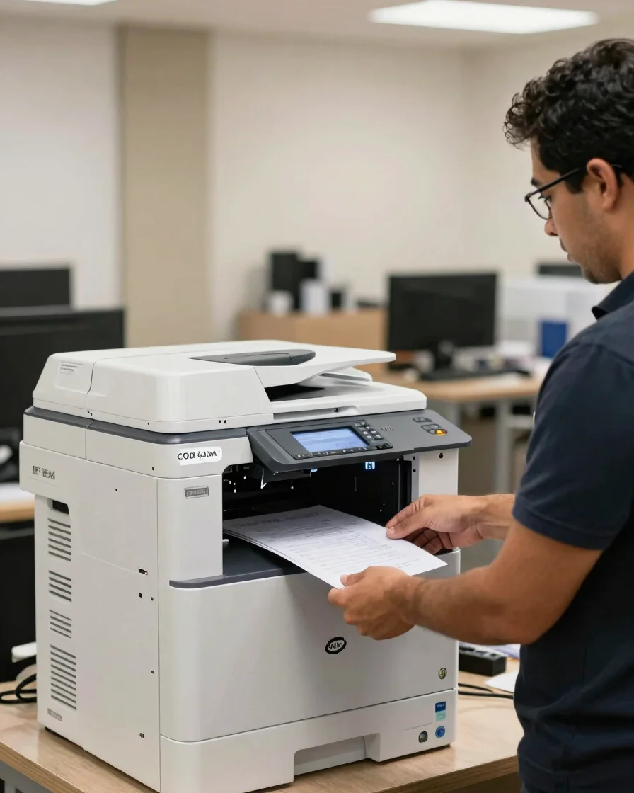 Copiadora multifuncional láser real instalada en una oficina de t